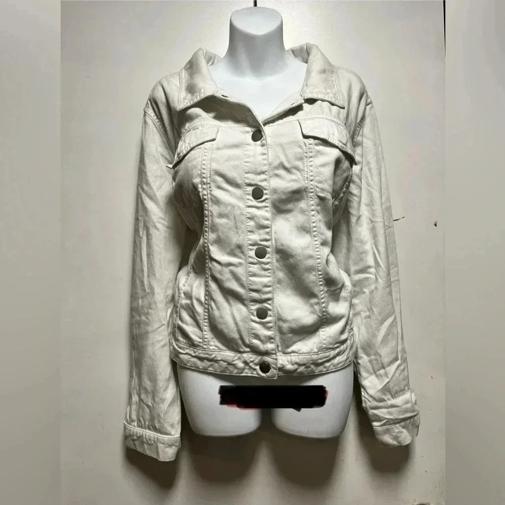 Lane Bryant plus size Womens White Denim Collared Long Sleeve Pockets Bu…